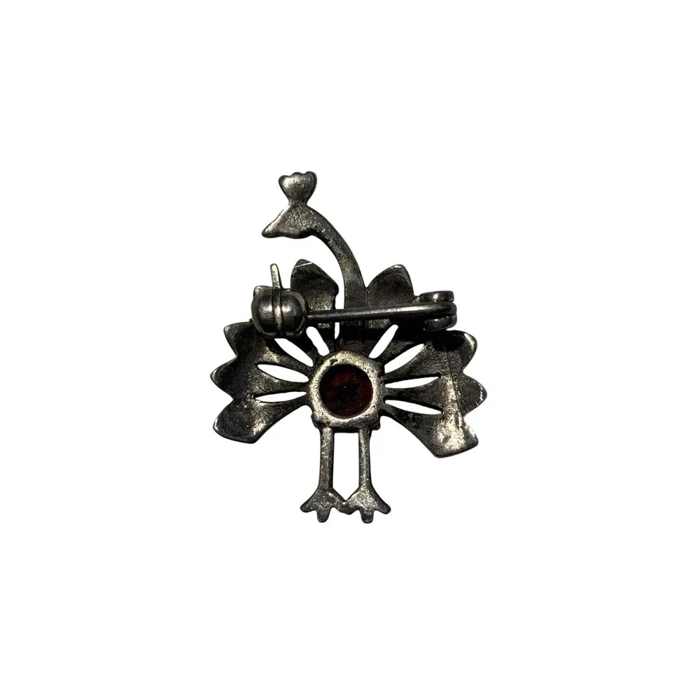 Vintage Sterling Silver 925 Red Stone Marcasite Peacock Bird Dainty Brooch Pin